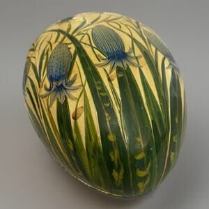 Hand Painted Paper Mache Lacquered Trinket Box Floral Egg Shaped Kashmir India